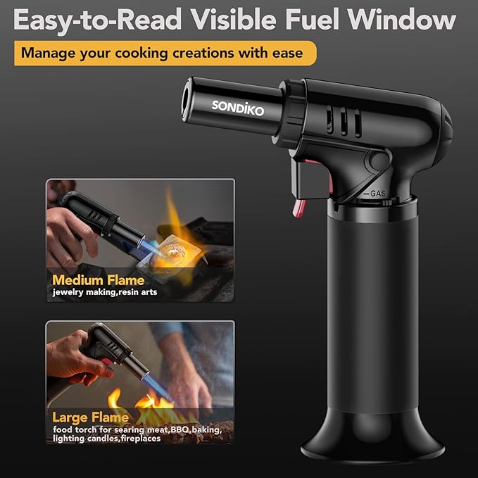 Sondiko Butane Torch Lighter with 2 Pack 100ml Premium Butane Fuel Canister, Refillable Adjustable Flame Soldering Torch with Visible Fuel Window, All-in-One Kit for Welding, Resin Art, BBQ & Camping