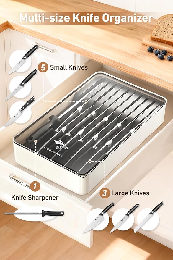 MAD SHARK 2-in-1 Detachable Knife Block & Silverware Organizer, Drawer Knife Holder for 10 Knives, BPA-Free, Blade-Safe Slots, Save Counter Space, Kitchen Drawer or Counter Storage, No Knives