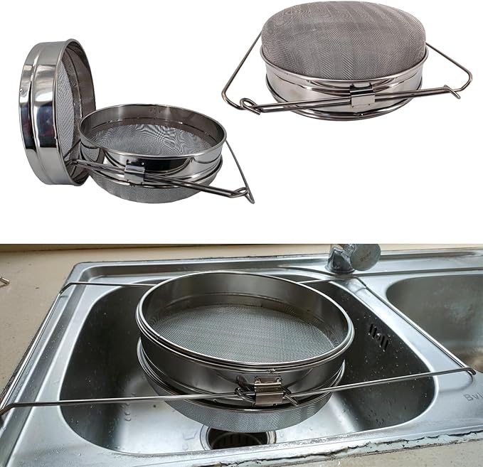 Stainless Steel Honey Strainer for 5 Gallon Bucket – Double Sieve Honey Filter with 650 & 1875 Micron Mesh – Extendable Arms Up to 16.5" – Beekeeping Honey Harvesting Equipment and Food Strainer