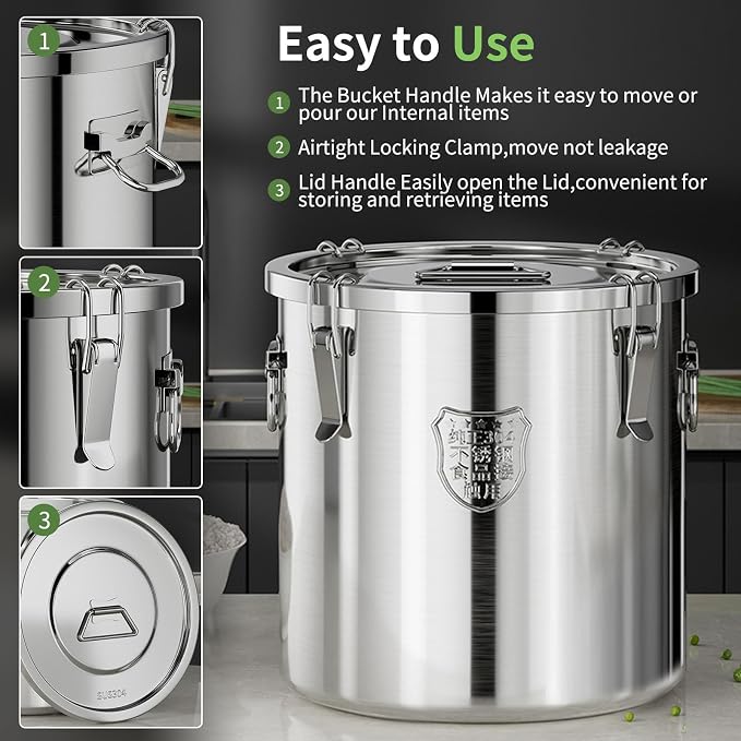 Large Stainless Steel food Storage Containers,5.5Gallon/21Liter Airtight Stainless Steel Bucket With lids,710 OZ Flour Storage Container,Metal Airtight Canister for Rice,Coffee Bean,Dog Food