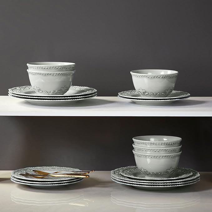 TP 12-Piece Melamine Dinnerware Sets, Plates and Bowls Dishes Set for 4, Break-Resistant & Non-Microwavable, Lightweight Dinner Plates, Relief Grey