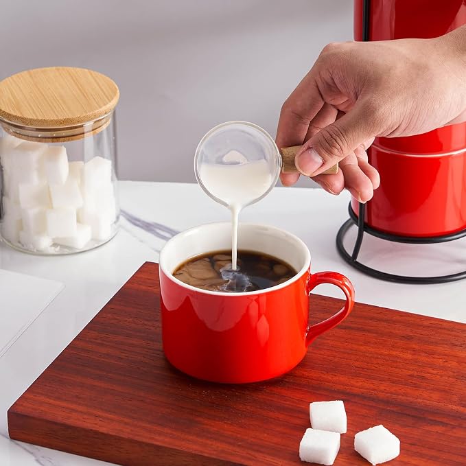 10oz Porcelain Stackable Coffee Mugs and Metal Stand Set of 4, Espresso Cups Set for Hot Drinks, Cappuccino, Tea-Red