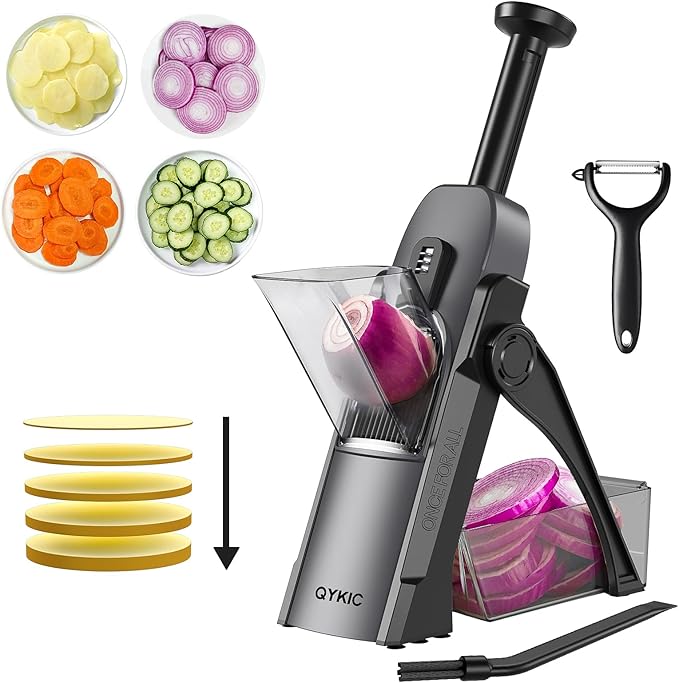 QYKIC Safe Mandoline Slicer, Potato Clips Vegetable Food Cutter, Thickness Adjustable for Cucumber Onion Lemon with Vegetable Peeler (Only Slicer) Black