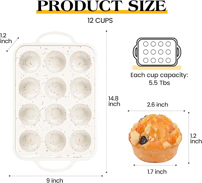 Silicone Muffin Pan with Metal Frame, Nonstick 12 Cup Regular Size Cupcake Pan, Silicone Muffin Tray for Baking Egg Bites Muffins Cupcakes Gifts for Mom Home Baker Kitchen (1 Pc, Cream)