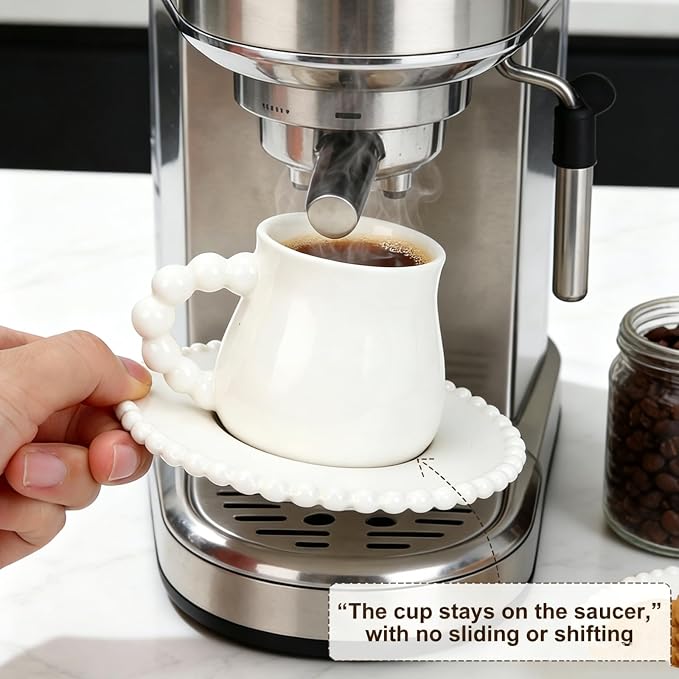 Coffee Cup Set of 6 with Saucers, 3.5 OZ Ceramic Espresso Cups, Demitasse Coffee Cup Gift for Double Shot, Latte, Cafe Mocha, Dishwasher & Microwave Safe, Elegant Deco (Pure White / 100 ml / 6 Sets)