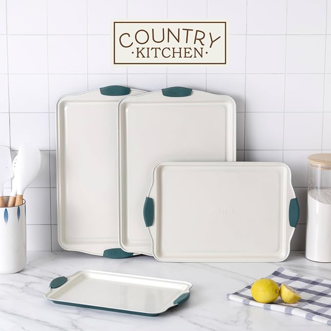 Country Kitchen Nonstick Stackable Bakeware Set - Heavy Duty, Durable, Easy Release Baking Set, Sage, 4 Pcs