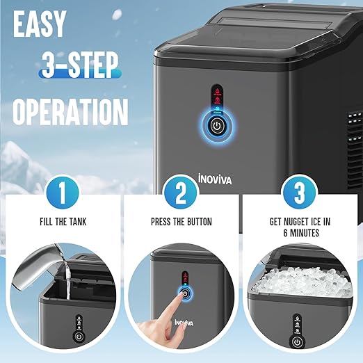 INOVIVA Nugget Ice Maker Countertop – 6 Mins Fast Ice Production, FLASHCHILL™, 26.5 LBS/Day, Self-Cleaning, Compact Portable Design, Ideal for Home, Office & Parties