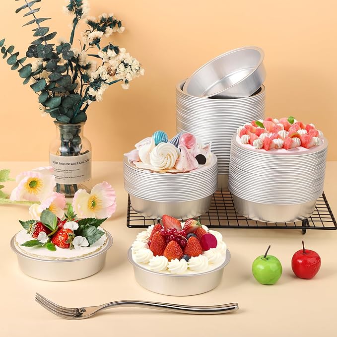 Beasea Aluminum Ramekins, 200 Pack 4" 7.3oz 215ml Mini Disposable Baking Foil Cups No Lids Ramekin Cup Cupcake Aluminum Baking Cups for Party - Silver