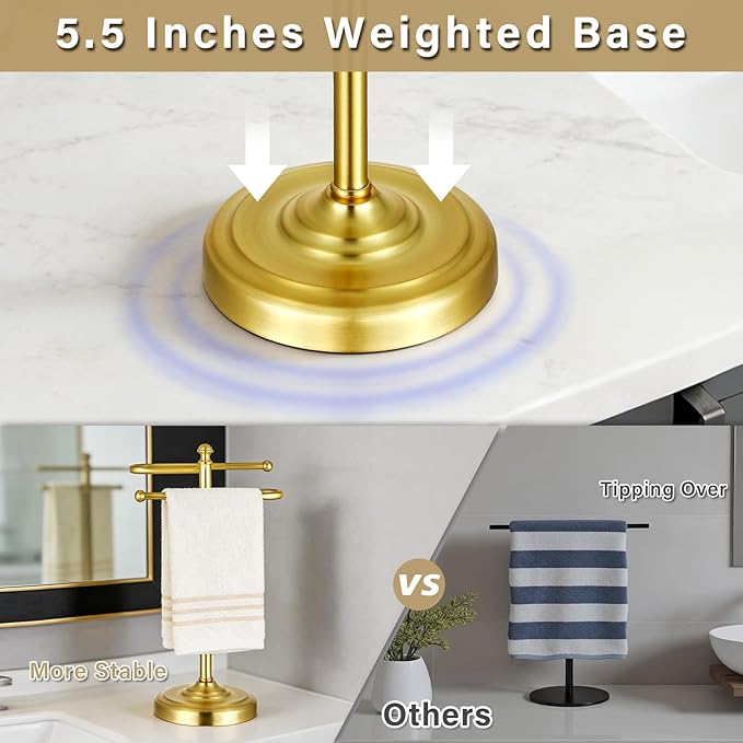 Hand Towel Stand,304 Stainless Steel Hand Towel Holder for Bathroom Kitchen Counter，14.5 Inch S-Shape Weighted Base Standing Hand Towel Rack Bar Holds 2 Towels (Gold)