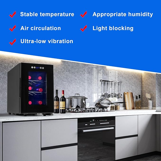 Iceblue Wine Fridge, Digital Temperature Control White & Red Wine 6 Bottle Wine Cooler with Wine Rack, Champagne Wine Cooler Refrigerator for Bar, Home, Kitchen, Gift - Black