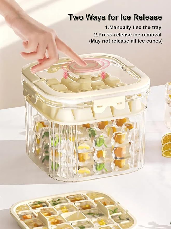 6.7*6.7*7.1in Ice Storage Bin w/ Two Small Ice Cube Trays Molds & Scoop for Home Bar, Small Ice Bucket with Sealed Lid for Freezer, Portable Refrigerator Ice Holder Containers for Outdoor Green