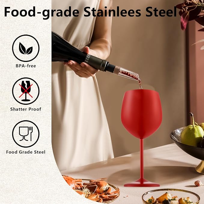 UNISWEET Stainless Steel Wine Glasses Set of 4 Unbreakable Wine Glass 18 oz Unique Metal Wine Goblets for Outdoor, Travel, Camping, Pool, Ideal Gift for Wine Lovers (Matte-Red)