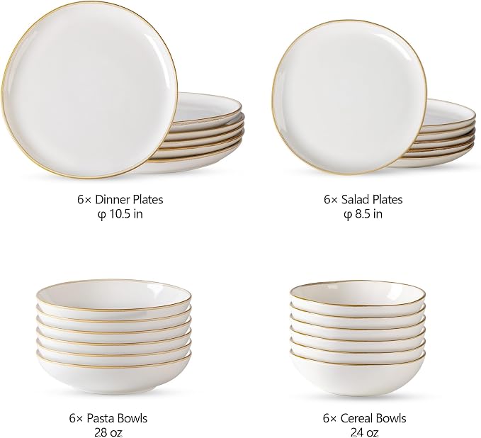 AmorArc Ceramic Dinnerware Sets,Handmade Reactive Glaze Stoneware Plates and Bowls Sets,Highly Scratch Resistant | Dishwasher & Microwave Safe Dishes Set,Service for 6 (24pc)(with Pasta bowls)