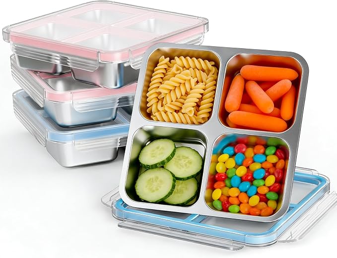 4 Pack Stainless Steel 4 Compartment Snack Containers with Lids, Reusable Divided Lunch & Food Storage Containers for Work, Travel(2 Pink, 2 Blue)