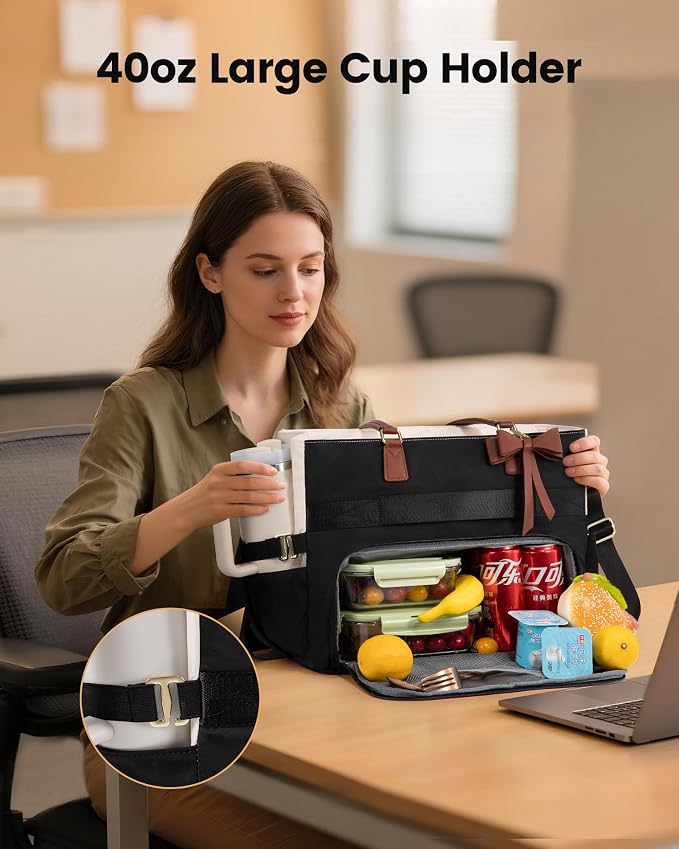 LOVEVOOK Lunch Bag, Tote Bag for Women with Insulated Lunch Compartment, Laptop Bag with Large Capacity & Cup Holder, Work Tote for Teacher, Nurse, Travel, College, Daily, Black-Beige-Brown, 17.3 Inch