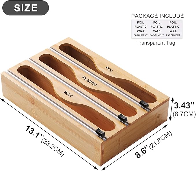 Wrap Dispenser with Cutter and Labels, Plastic Wrap Organizer For Kitchen,Bamboo 3-in-1 Wrap Dispensers for Cling Wrap Aluminum Foil and Wax,Storage Organization Holder（Natural）
