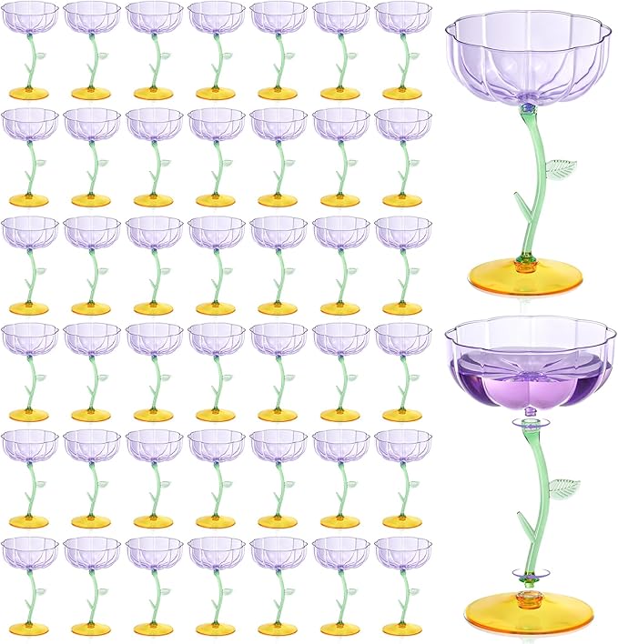48 Pcs Purple Plastic Ribbed Coupe Glasses Detachable 7oz Flower Cocktail Glasses Modern Wavy Plastic Cocktail Coupes Disposable Martini Glasses Mimosa Glassware champagne goblets (48, Purple)