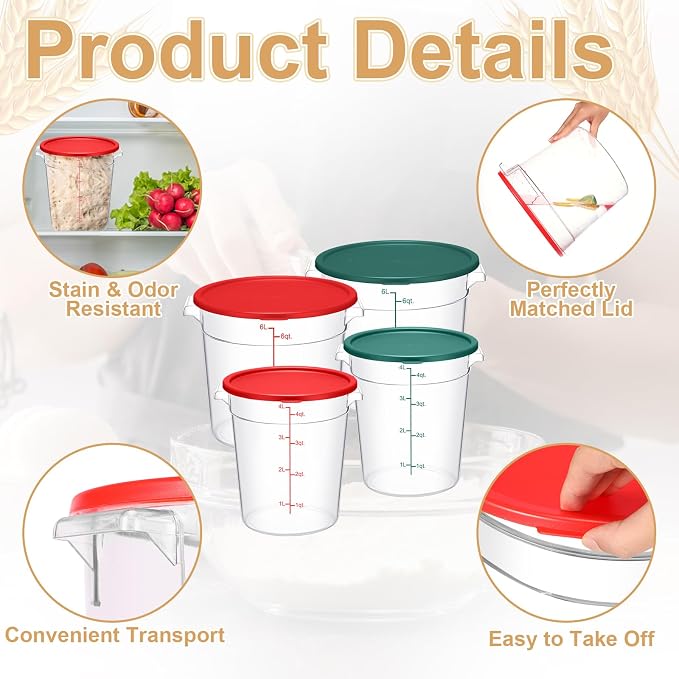 Suclain 4 Set 6 Quart 4 Qt Round Food Storage Containers with Lids Clear Proofing Container for Dough Bread with Scale Handle Home Restaurant Commercial Food Storage (Red, Green)
