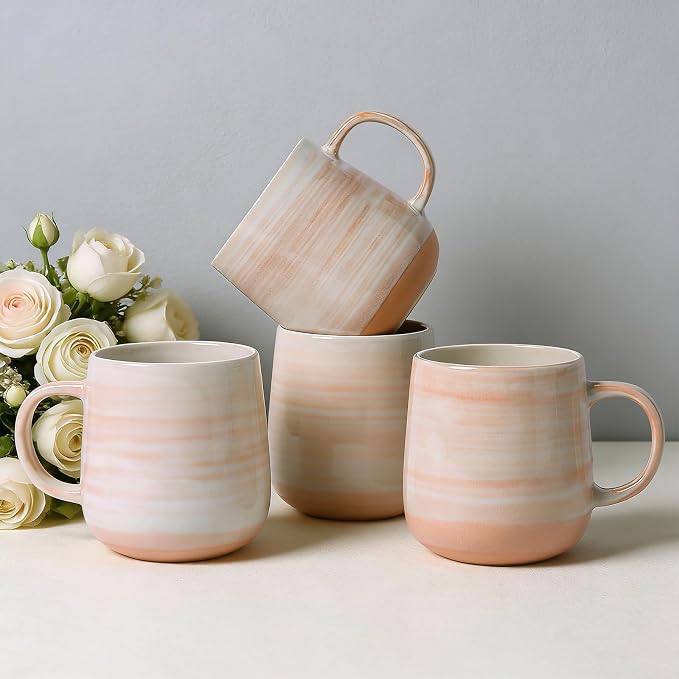 Coffee Mugs, Set of 4, Light Orange Ceramic Coffee Cups with Elegant Texture & Comfortable Handle, 12oz Stoneware Mugs - Dishwasher & Microwave Safe, Design for Home, Office, Cafe