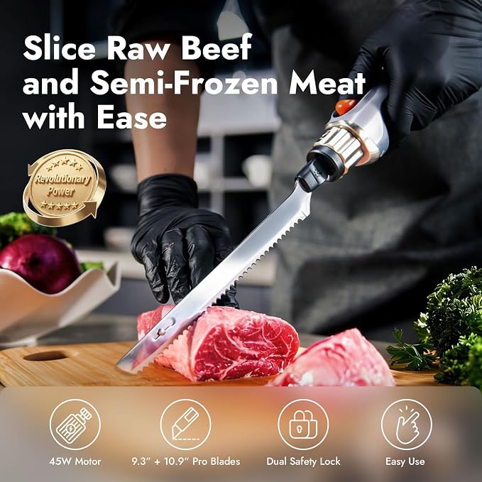 Cordless Electric Knife for Meat Slicing, 45W High-Torque | 420 Stainless Blades, Dishwasher-Safe, Carving Knife for Turkey & Bread, 50-Min Runtime, Type-C Charging, Dual Safety Lock
