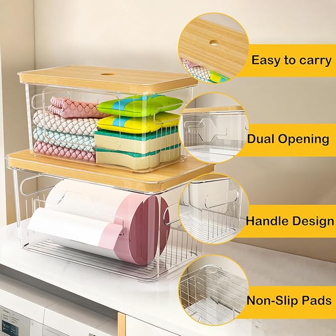FELIZHOUSE 2 Pack Trash Bag Holder with Bamboo Lid, Stackable Garbage Bag Dispenser Under Sink , Storage Organizer for Kitchen, Laundry, Pantry