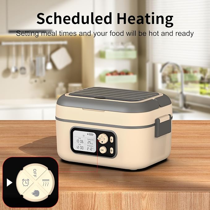 Cordless Electric Heated Lunch Box, 1.5L - 6.3 Cups 100W Rechargeable Smart Self-Heating Food Warmer with Removable Divider, Spoon, Fork, BPA Free, Portable Lunchbox for Car Travel Office Yellow