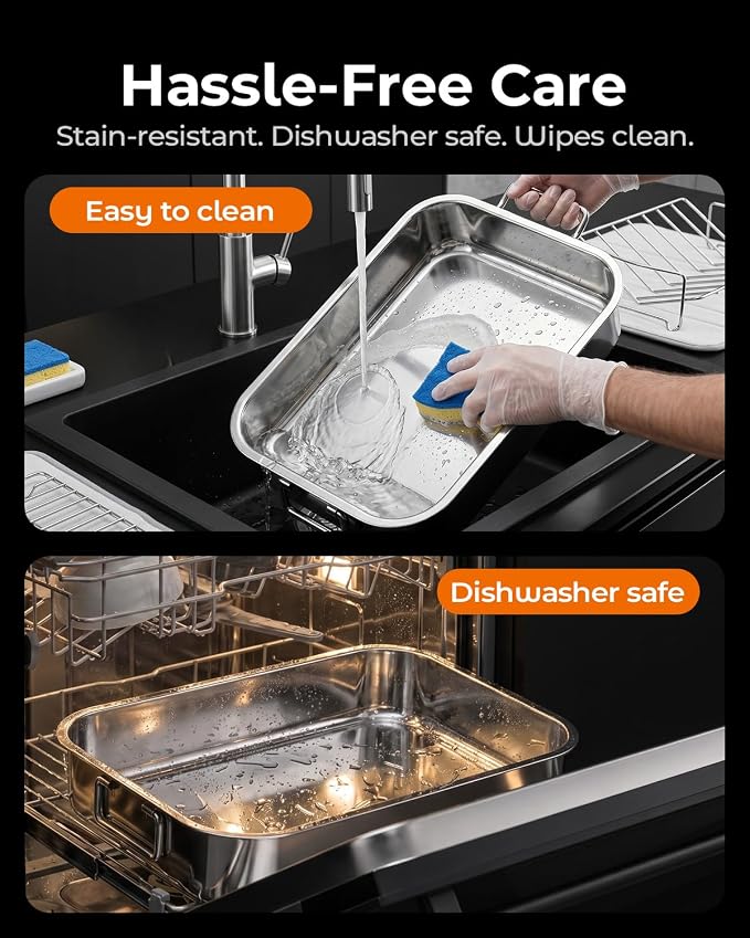 Stainless Steel Roasting Pan with Rack, Heavy-Duty Turkey Roasting Pan for Oven, Includes Two Bakinng Rack Insert, Perfect for Holiday Turkey & Everyday Meal Prep, Fits Up to 12 lbs Turkey