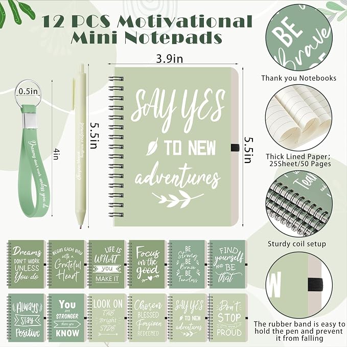 Skylety 12 Sets/48 Pcs Employee Appreciation Gift Baskets Bulk 16oz Inspirational Coffee Cup with Spiral Notebook, Pen & Keychain, Thank You Gifts for Staff, Teacher,Coworker, Team (Gradient Green)