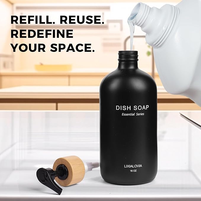 Dish and Hand Soap Dispenser Set with Tray, 16OZ Refillable Glass Bottles and Wood Pump, Double Bottle Countertop Organizer for Kitchen and Bathroom (Black)