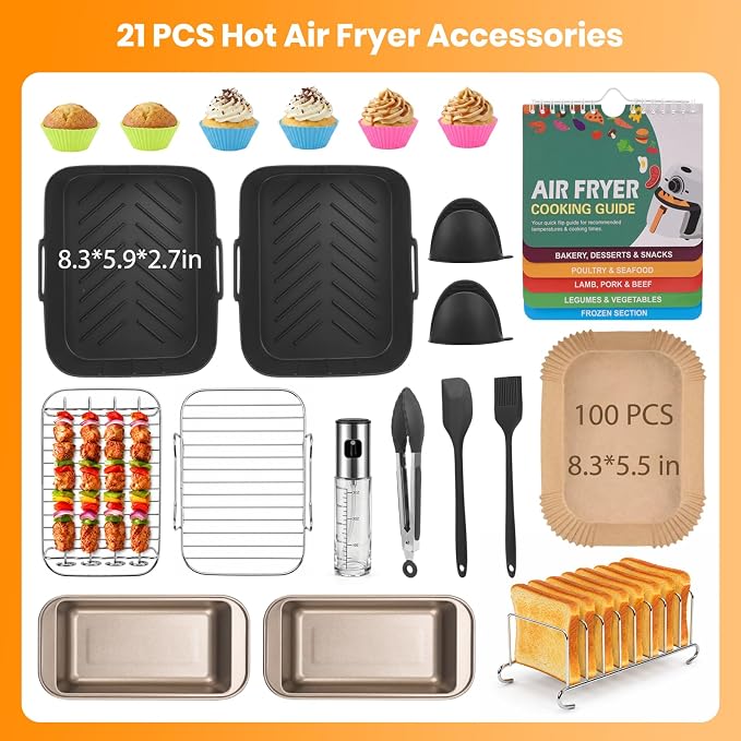 Silicone Air Fryer Liners, Reusable Rectangular Airfryer Basket Liners Compatible with Ninja Foodi DZ201/DZ401/DZ302/DZ550 & Most 8-10QT Dual Basket Air Fryers, 21PCS Air Fryer Accessories