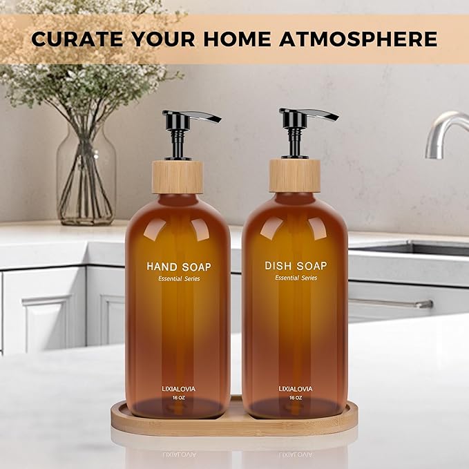 Dish and Hand Soap Dispenser Set with Tray, 16OZ Refillable Glass Bottles and Wood Pump, Double Bottle Countertop Organizer for Kitchen and Bathroom (Amber)