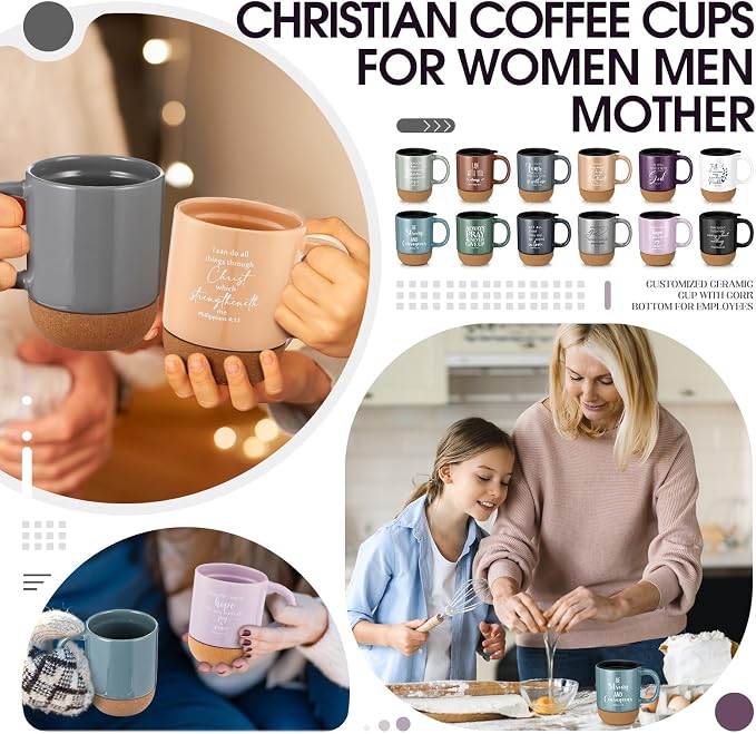 FillTouch 12 Pcs Christian Mug Gifts Bulk 15oz Religious Cup Cork Bottom Coffee Mug with Verse Inspirational Gift for Women Men Pastor Church Group Bible Study Member(Multicolor,Bible Verse)