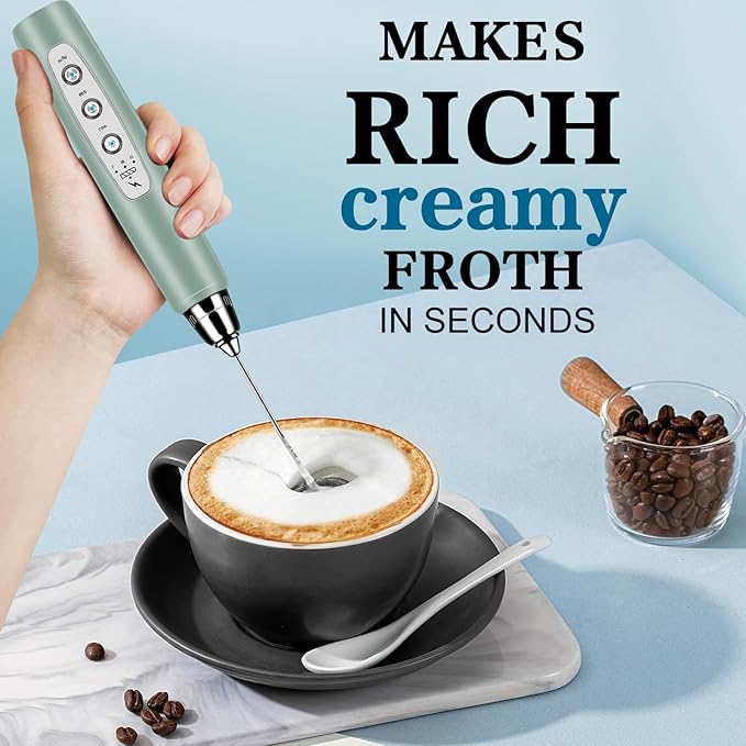 BSRGMS Milk Frother Handheld for Coffee, Electric Whisk 3 Speed Adjustable, Drink Mixer with Stainless 3 Whisks, Rechargeable Hand Frother Wand, Foam Maker for Latte Cappuccino Hot Chocolate Egg Green