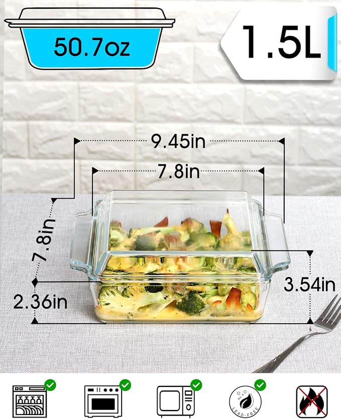 NUTRIUPS 8x8 Square Baking Dish with Glass Cover and Lid