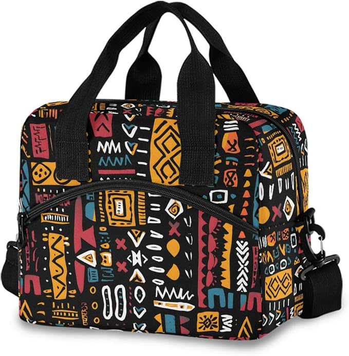 OREZI Reusable Lunch Bag for Girls Boys Women Men,African Ethinic Geometric Print Lunch Box Container with Detachable Shoulder Strap,Insulated Lunch Coolers for School Office