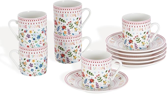 Floral Espresso Cups & Saucers Set of 6, 3oz Small Coffee Mugs, Ceramic Demitasse Cup for Tea, Latte, Espresso Shot Cup for Espresso Machine & Coffee Maker, Women Gifts for Mother's Day, Birthday