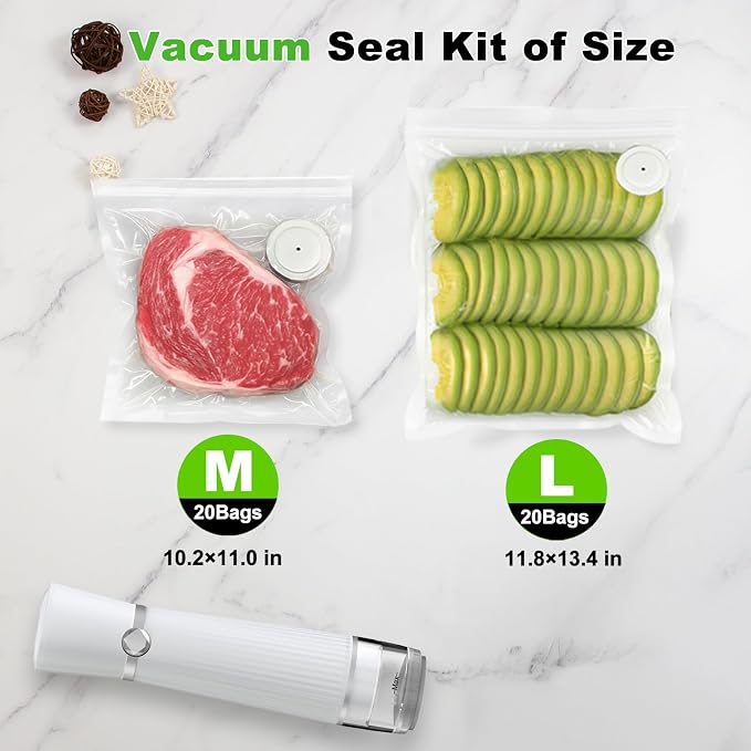 Vacuum Sealer for Food (Compact Vacuum Sealer Machine + 40 Reusable Vacuum Bags), Powerful 80Kpa Portable Vacuum Sealer for 10X Preservation & Fresh, Handheld Vacuum Food saver