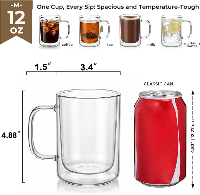 Aquach 12oz Double Walled Glass Coffee Mugs Set of 2, Insulated Tea Cups | Dishwasher/Microwave Safe, Borosilicate Glass, Double-walled, Smooth Rim, Comfort Handle, Ideal Daily Capacity