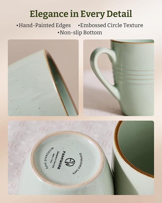 famiware Jupiter Coffee Mugs Set of 4, 13oz Coffee Mug, Microwave and Dishwasher Safe, Coffee Cups with Handle for Coffee, Tea, Cocoa, Milk, Light Green