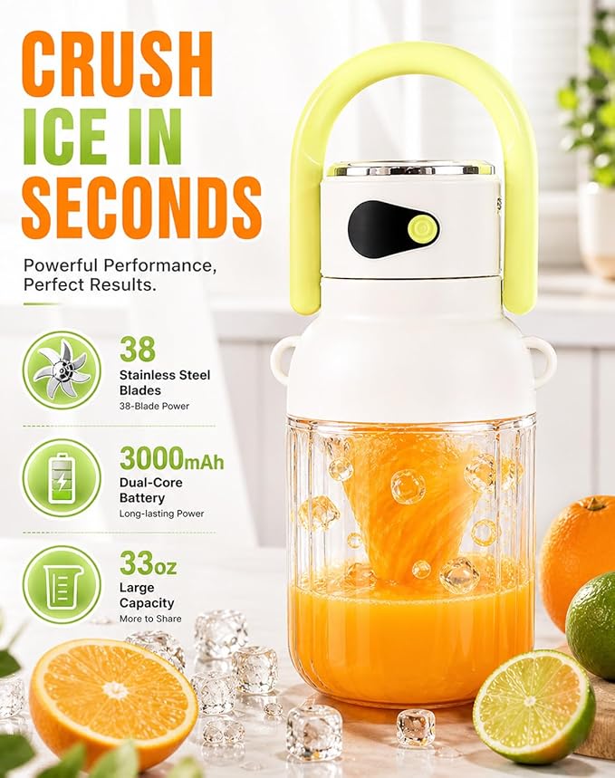 Portable Blender for Daily Smoothies - 33oz Large Capacity Personal Portable Blender, 38 Stainless Steel Blades for Ice & Frozen Fruit, USB-C Rechargeable with Smart LED Battery Monitor (Green)