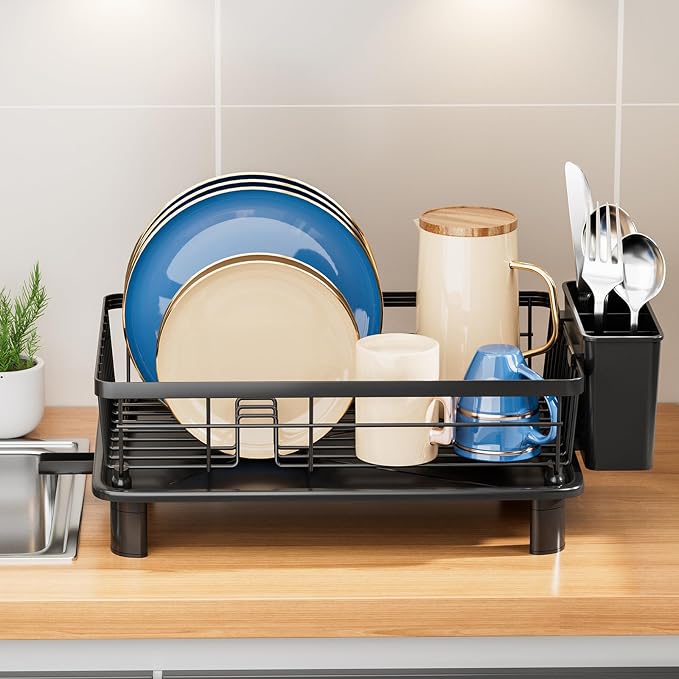 Dish Drying Rack, Stainless Steel Dish Racks for Kitchen Counter, Sink Organization and Storage Essentials, Kitchen Organizer for Forks, Spoons Dishes,Cup and Bottle (Black, 14.96''*11.02''*6.69'')