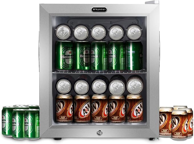 Whynter Beverage Refrigerator with Double-Layer Glass Door, 68-Can 1.6 Cu Ft Freestanding Drink Mini Fridge, BR-062WS, Stainless Steel