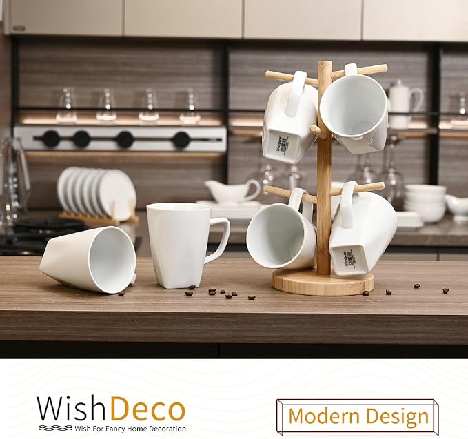 WishDeco White Coffee Mugs Set of 6, Ceramic Coffee Cups 14 oz, Modern Tea Mugs, Porcelain Tea Cups, Large Mug for Latte, Cappuccino, Milk, Juice, Cocoa, Square Bottom, Microwave and Dishwasher Safe