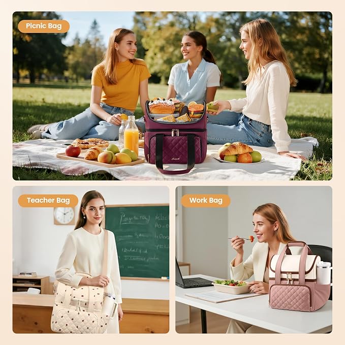 LOVEVOOK Insulated Lunch Bag For Women,X Large Double Deck Adult Lunch Box,Teacher Lunch Tote Bag With Cup Holder,Leakproof Cooler Bag With Adjustable Shoulder Strap For Work Picnic Beach,Larger 24L