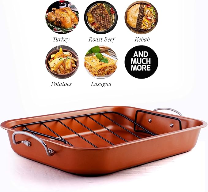 OVENTE Stainless Steel Roasting Pan with V-Shape Rack and Carving Set, 15x11.75 Inch Nonstick Roaster Tray, Oven & Dishwasher Safe Bakeware Dish for Turkey, Roasted Chicken or Beef, Copper CWR24619CO