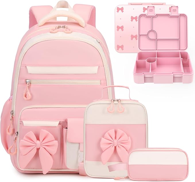 DIGOBAY Girls Backpack - Kids Bento Box Set with Insulated Lunch Bag, Cutlery and Pencil Case, 6 Leak-Proof Compartments, Removable Tray for Girls, Teens School Picnic (Pink)