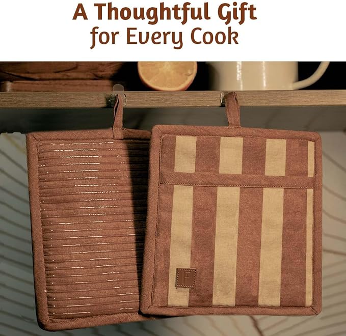 Folkulture Pot Holders for Kitchen | Pack of 2 (8x8) Ribbed Soft Silicone Hot Pads for Kitchen | Oven Pot Holders Set |Wooden Spoons for Cooking | 12" Premium Acacia Wooden Utensil Set of 5