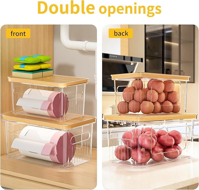 FELIZHOUSE 2 Pack Trash Bag Holder with Bamboo Lid, Stackable Garbage Bag Dispenser Under Sink , Storage Organizer for Kitchen, Laundry, Pantry