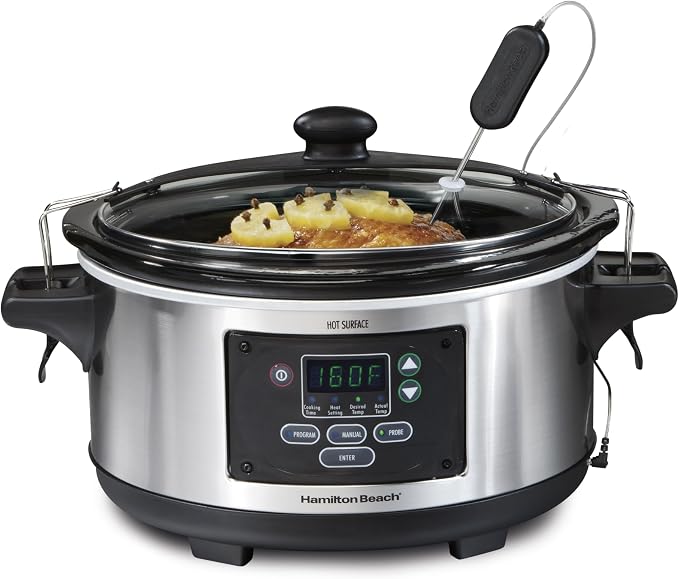 Hamilton Beach Portable 6 Quart Set & Forget Digital Programmable Slow Cooker with Lid Lock, Temperature Probe, Dishwasher Safe Crock & Lid, Stainless Steel (33969A) | Temperature Probe | Lid Lock For Easy Travel | Dishwasher Safe Crock & Glass Lid | S...