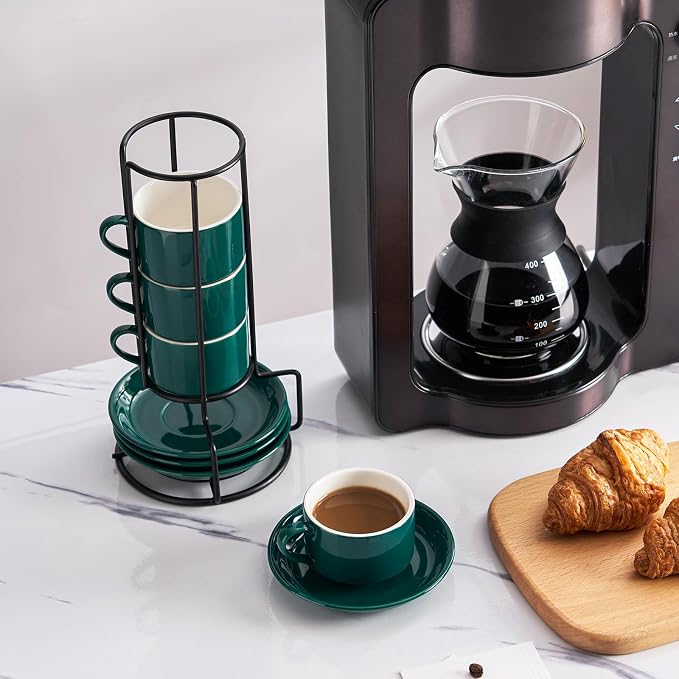 Espresso Cups Set of 4, 4oz Stackable Coffee Cups with Saucers and Metal Stand, Green Demitasse Cups, Expresso Shots Cup Set
